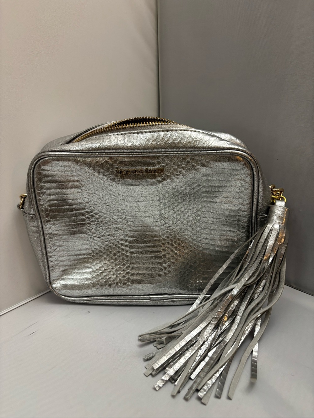 Victoria's Secret Metallic Silver Textured Crossbody with Tassel